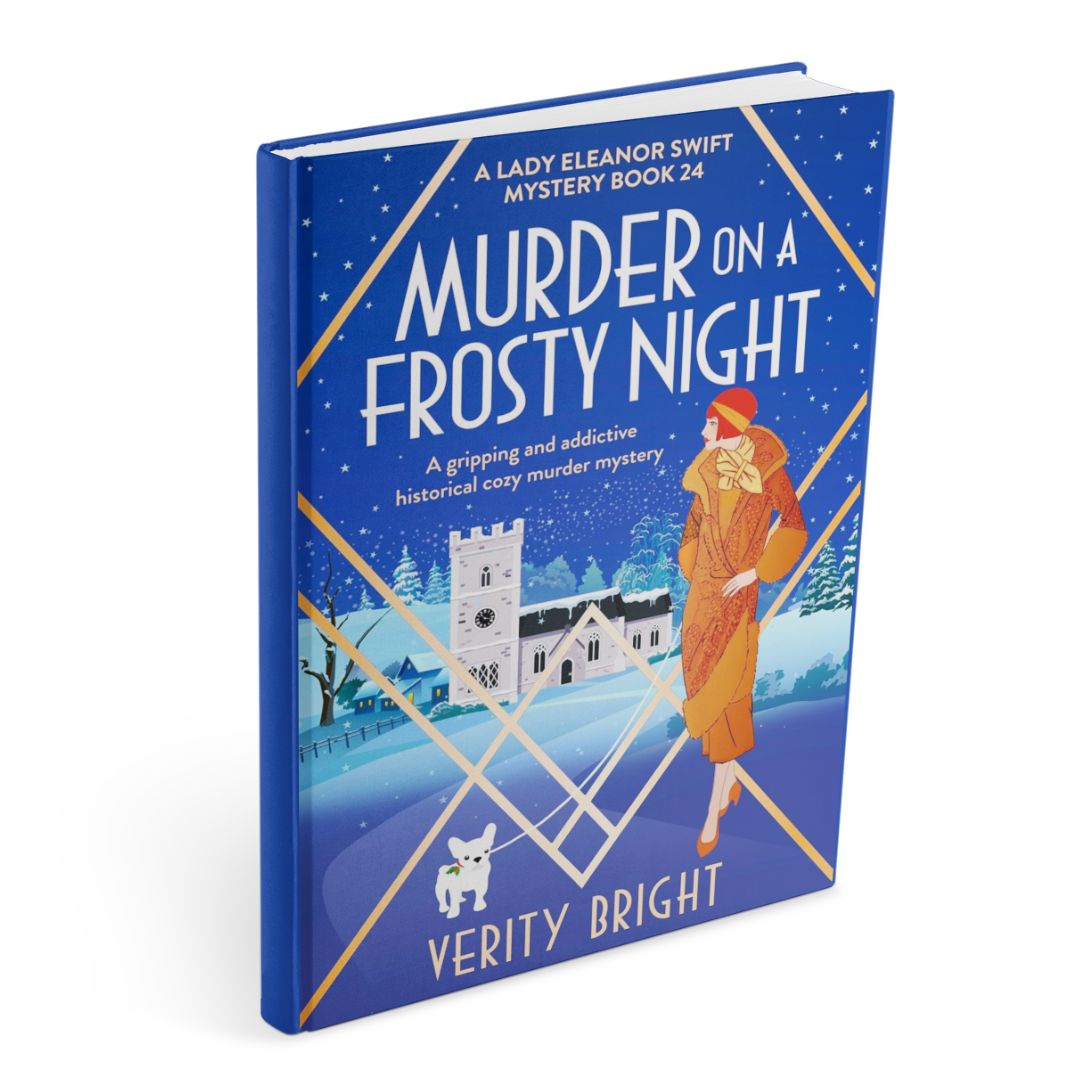 Cover of Murder on a Frosty Night by Verity Bright, Lady Eleanor Swift Mysteries Book 24, showing a snowy village scene with a church, a woman in an orange coat and hat, a starry winter sky, and a small white dog.