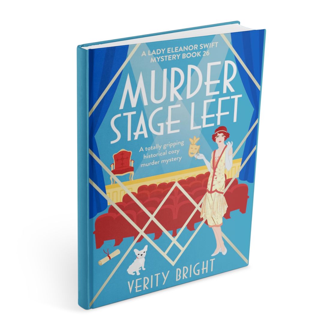 Cover of Murder Stage Left by Verity Bright, Lady Eleanor Swift Mysteries Book 26, showing an art deco theatre scene with red seats, blue curtains, a woman in a flapper-style dress, and a small white dog.