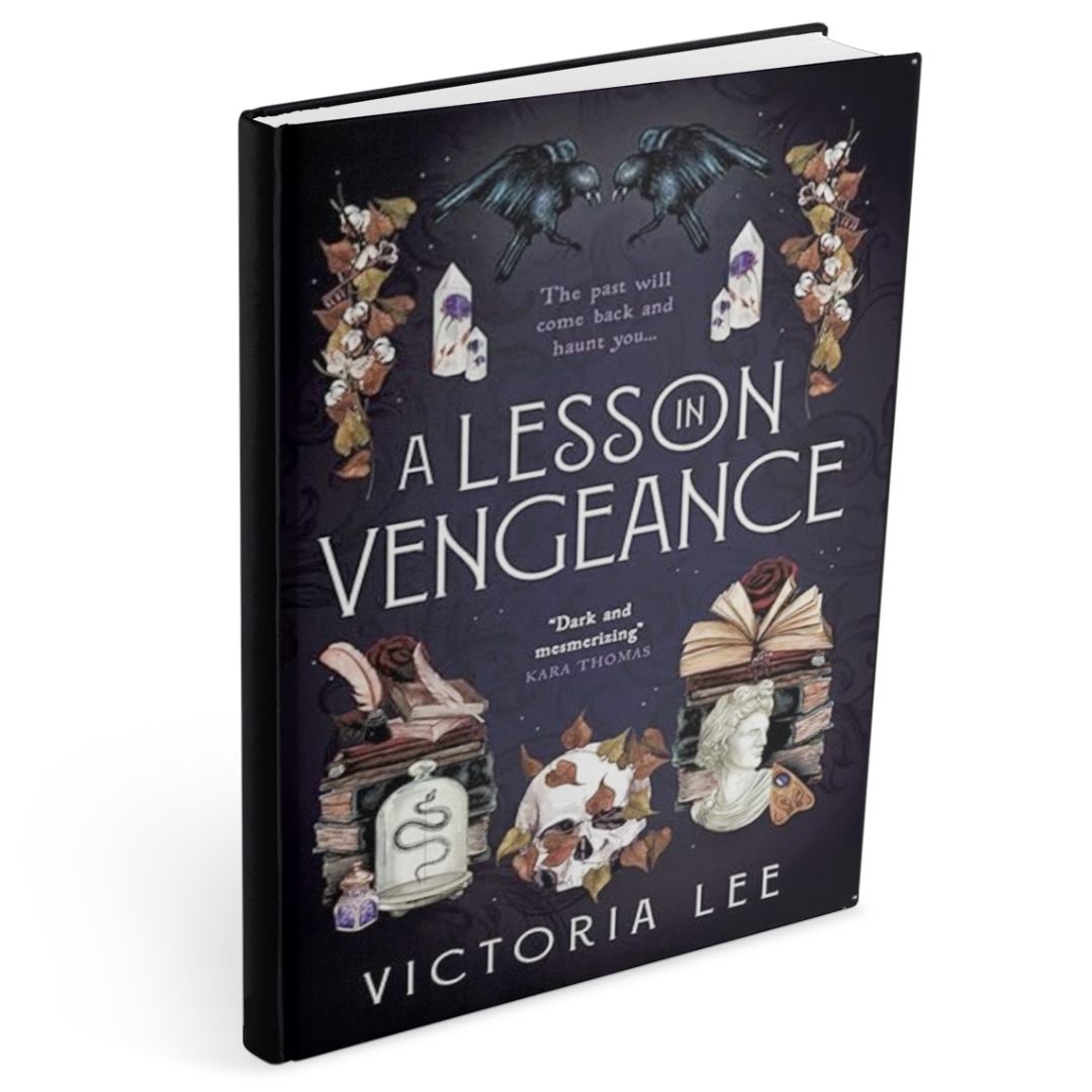 Dark purple hardback book cover for dark academia romance novel A Lesson in Vengeance by Victoria Lee, featuring illustrated stacks of books, ravens, a skull, flowers, and occult symbols, evoking a gothic dark academia atmosphere with themes of witchcraft and obsession.