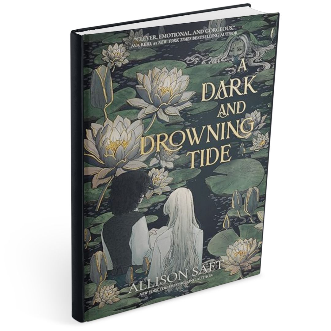 Dark green hardback book cover for dark academia romance novel A Dark and Drowning Tide by Allison Saft, illustrated with two women standing among water lilies on a shadowed pond, evoking a romantic, gothic dark academia and folklore-inspired atmosphere.