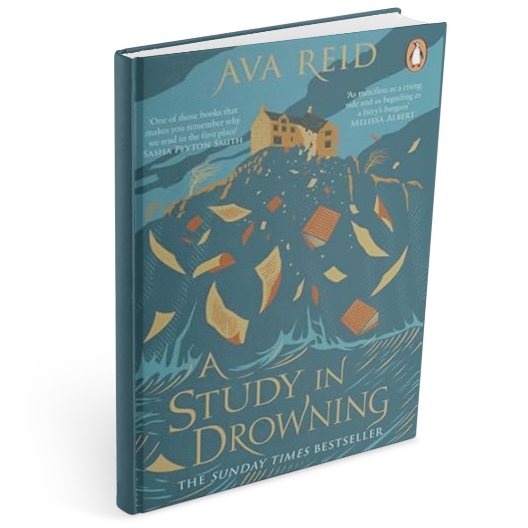 Teal and blue hardback book cover for dark academia romance novel A Study in Drowning by Ava Reid, featuring a stormy sea beneath a cliffside manor, with loose pages and books swirling through the air, evoking a moody dark academia and gothic fairytale aesthetic.