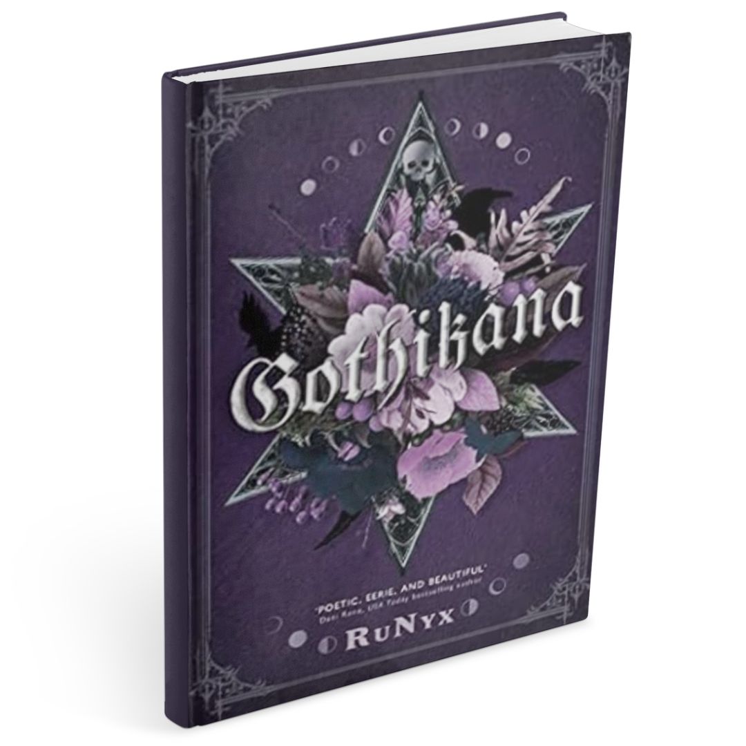 Purple hardback book cover for dark academia romance novel Gothikana by RuNyx, featuring a gothic star sigil layered with dark florals, feathers, moon phases, and a skull motif, evoking a dark academia aesthetic.