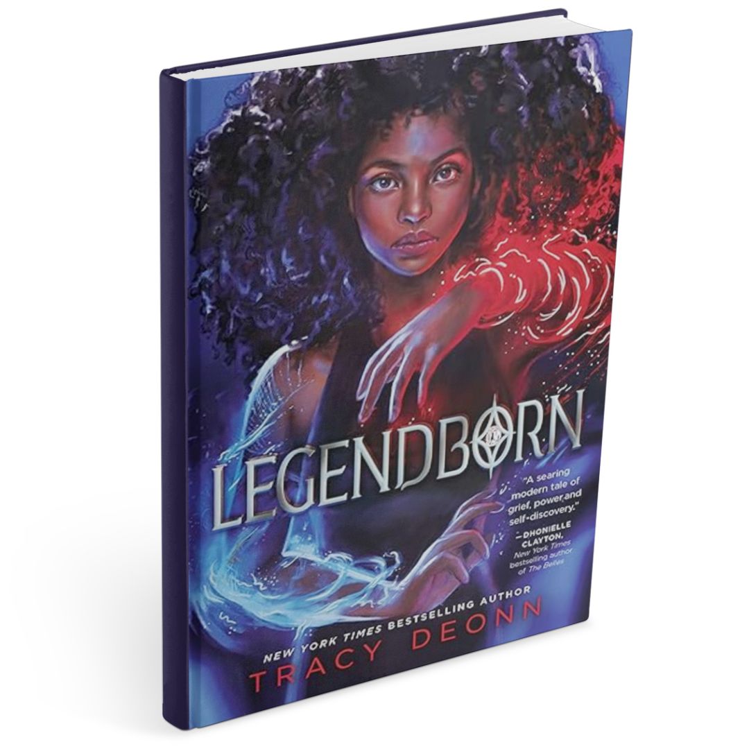 Dark blue and purple hardback book cover for dark academia romance urband fantasy book Legendborn by Tracy Deonn, featuring a young Black woman surrounded by glowing magical symbols and elemental energy, evoking a modern dark academia and urban fantasy aesthetic.