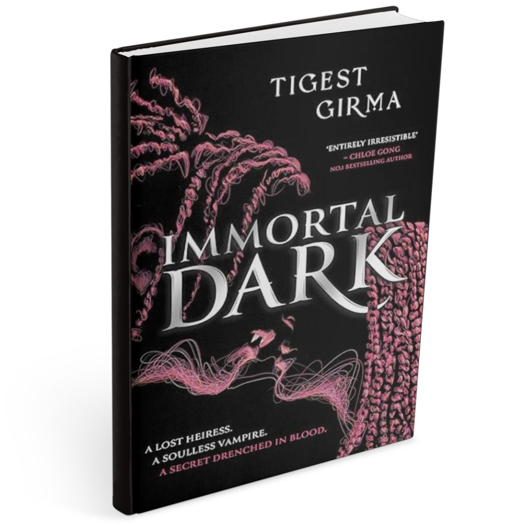 Black hardback book cover for dark academia romance novel Immortal Dark by Tigest Girma, featuring pink skeletal and sinewy illustrations curling across the cover, evoking a dark academia vampire aesthetic with themes of blood, immortality, and forbidden secrets.