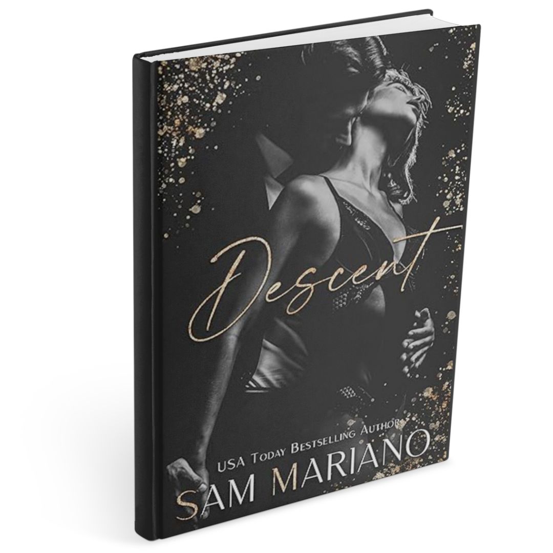 Book cover of Descent by Sam Mariano, a dark billionaire romance book featuring a black-and-gold design with a sensual couple in shadow, evoking power, obsession, and control.
