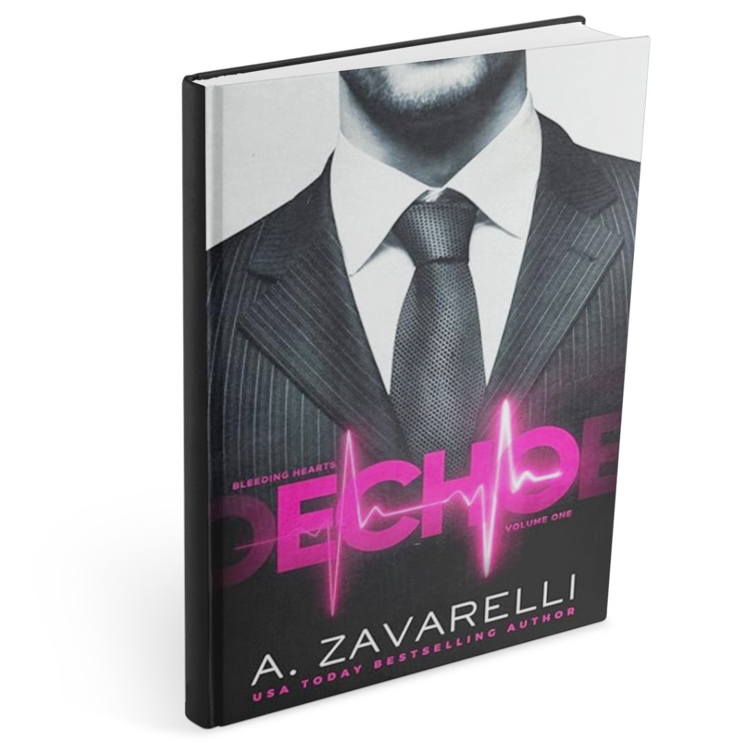 Book cover of Echo by A. Zavarelli, a dark billionaire romance book featuring a suited man with a neon heartbeat graphic, symbolising obsession, psychological control, and power.