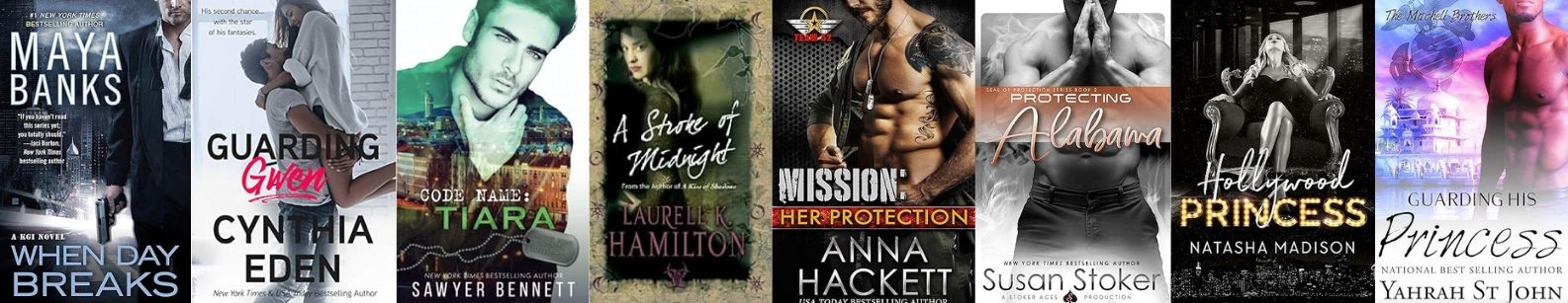 Collage of bodyguard romance book covers including When Day Breaks by Maya Banks, Guarding Gwen by Cynthia Eden, Code Name: Tiara by Sawyer Bennett, A Stroke of Midnight by Laurell K. Hamilton, Mission: Her Protection by Anna Hackett, Protecting Alabama by Susan Stoker, Hollywood Princess by Natasha Madison, and Guarding His Princess by Yahrah St. John, highlighting the bodyguard romance trope.