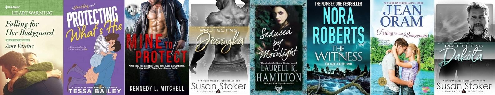 Collage of bodyguard romance book covers including Falling for Her Bodyguard by Amy Vastine, Protecting What’s His by Tessa Bailey, Mine to Protect by Kennedy L. Mitchell, Protecting Jessyka by Susan Stoker, Seduced by Moonlight by Laurell K. Hamilton, The Witness by Nora Roberts, Falling for the Bodyguard by Jean Oram, and Protecting Dakota by Susan Stoker, showcasing the bodyguard romance trope across contemporary, romantic suspense, and royal protection stories.