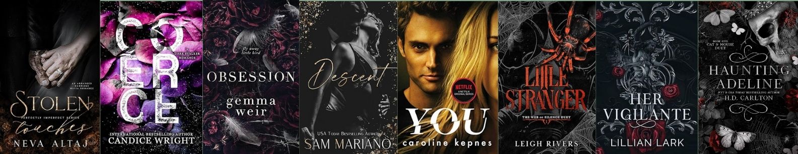 A collage of book covers representing the stalker romance trope, featuring dark romance and psychological thrillers centred on obsession, surveillance, and dangerous desire.