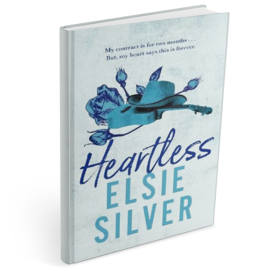 Book cover of Heartless by Elsie Silver, a popular age gap romance trope novel, featuring a cowboy hat resting on blue roses against a pale background.