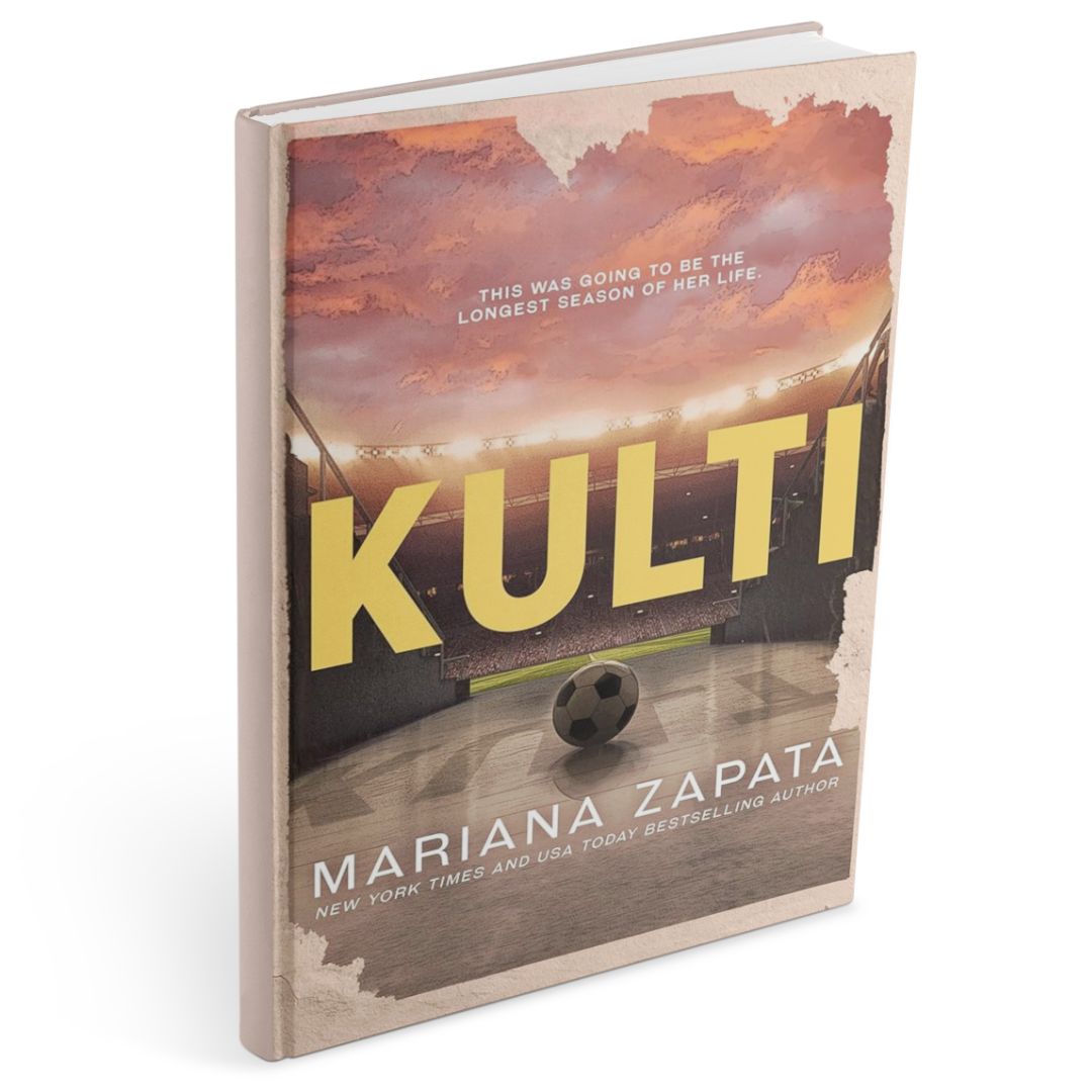 Book cover of Kulti by Mariana Zapata, a slow-burn age gap romance trope novel, featuring a football stadium at sunset with a lone football on the pitch and bold yellow title text.
