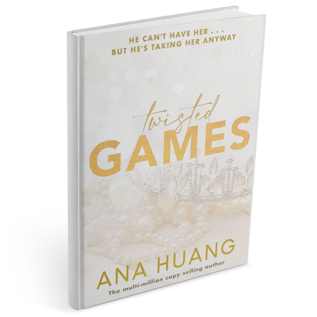 Book cover of Twisted Games by Ana Huang, an age gap romance trope novel, featuring a white and gold design with a pearl crown motif and the title in bold gold lettering.