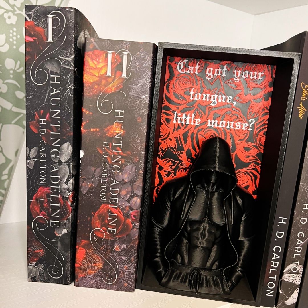 cat and mouse duet hd carlton Paperback Cat and Mouse duet by H.D. Carlton on a shelf beside a Zade-inspired book nook insert with a hooded figure and the quote “Cat got your tongue little mouse?” on a red background.