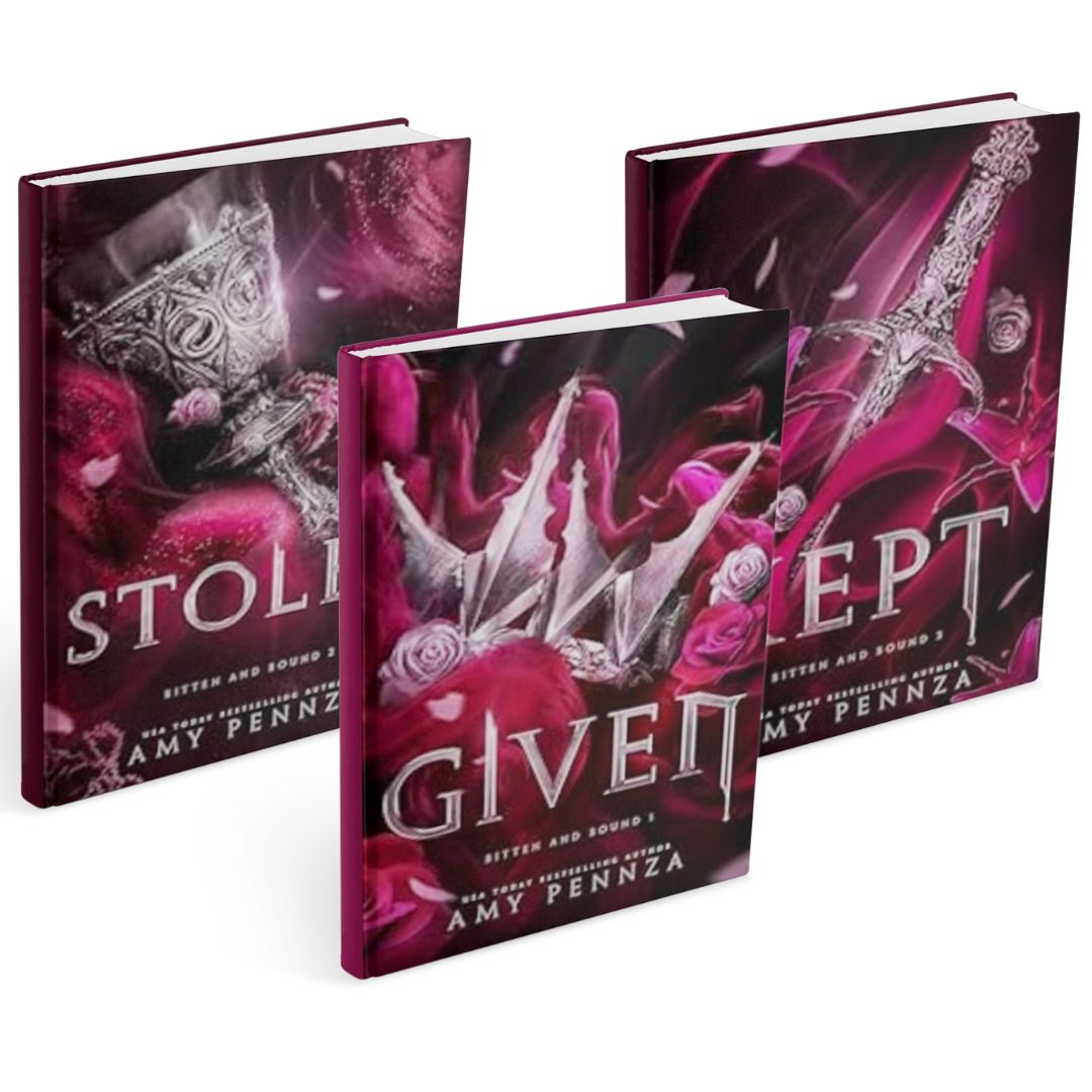 Three hardcovers from the Bitten and Bound series by Amy Pennza, a dark fantasy romance, shown together with deep crimson and black covers featuring silver crowns, a dagger, and swirling roses, with gothic typography and a dramatic, blood-red colour palette.