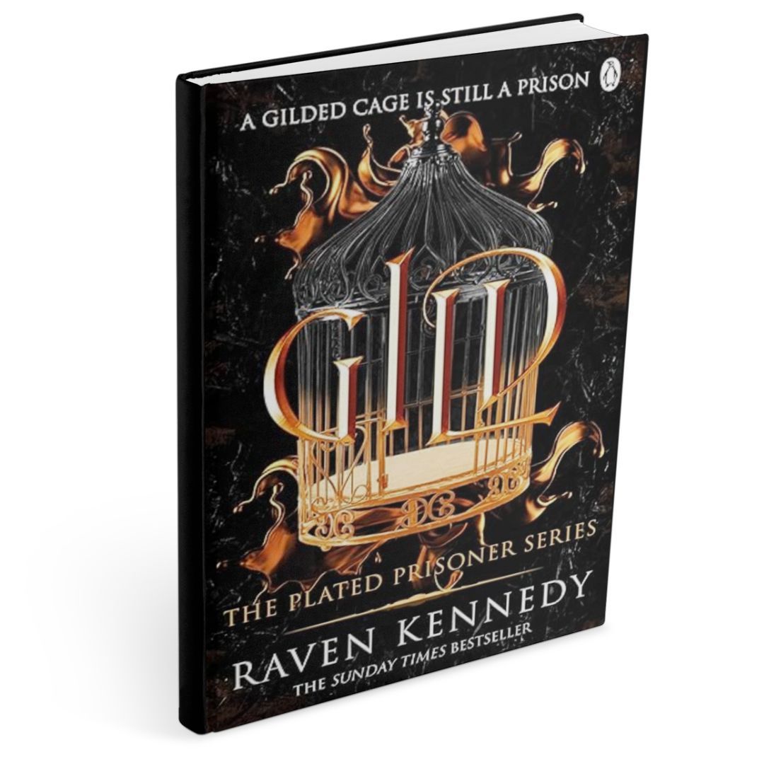 Hardcover of Gild by Raven Kennedy, a dark fantasy romance, featuring a gold-plated birdcage wrapped in curling flames against a black, marbled background, with the tagline “A gilded cage is still a prison” above the title.