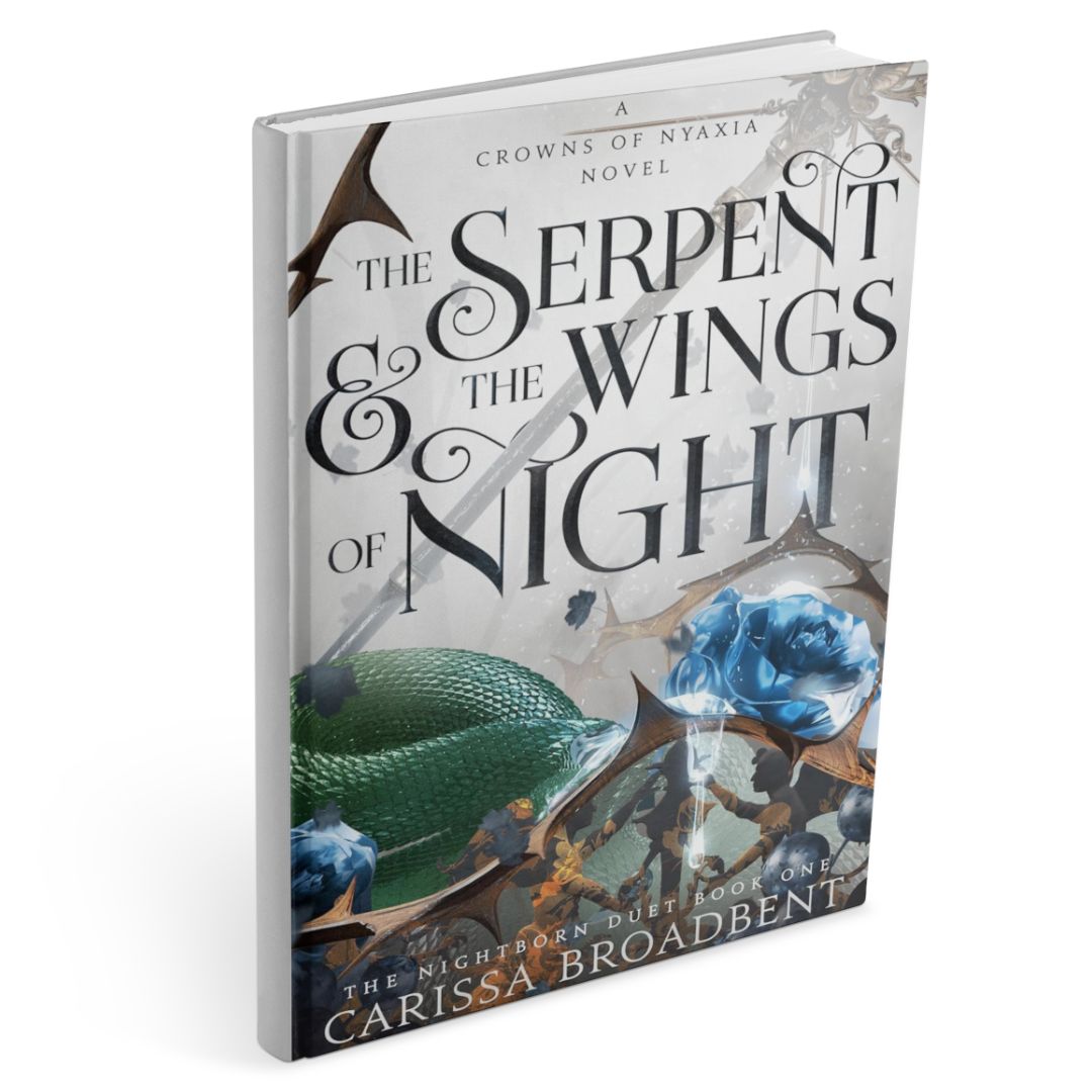 Hardcover of The Serpent and the Wings of Night by Carissa Broadbent, a dark fantasy romance, featuring a silver sword crossing the cover, a green-scaled serpent tail, thorned branches, and blue roses against a pale, misty background with ornate typography.