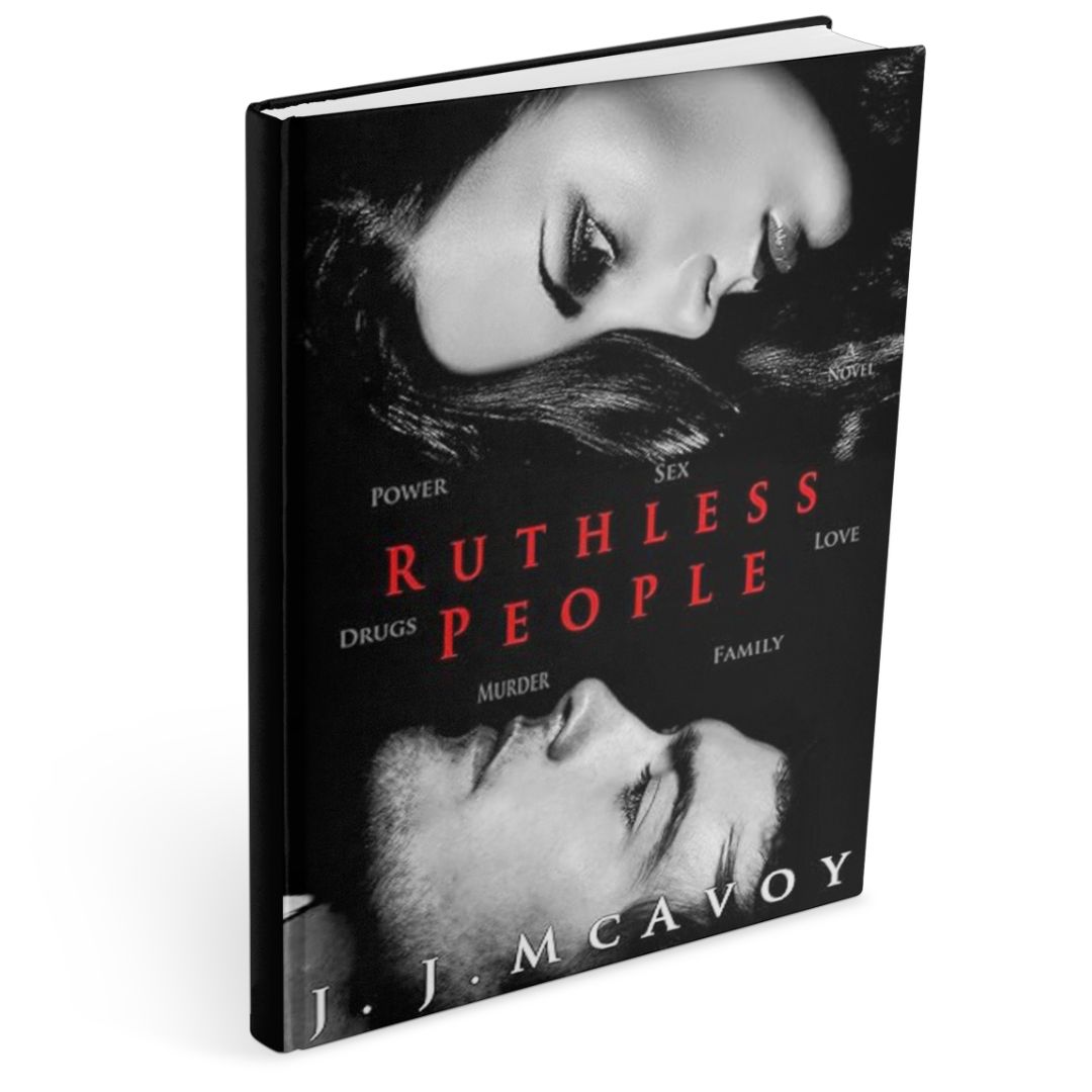 Book cover of Ruthless People by J.J. McAvoy, a dark mafia romance novel, featuring a black-and-white design with a man and woman facing each other and red typography.