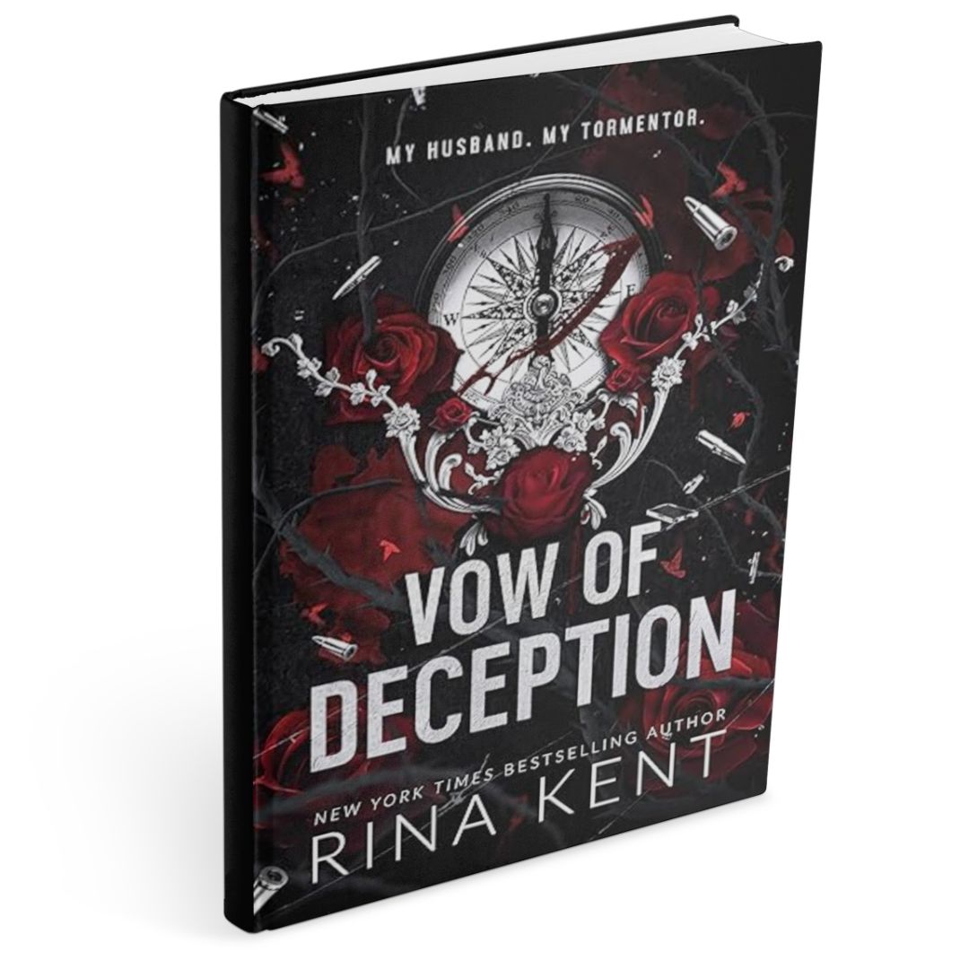 Book cover of Vow of Deception by Rina Kent, a dark mafia romance novel, featuring a compass surrounded by red roses and bullet imagery on a dark background.